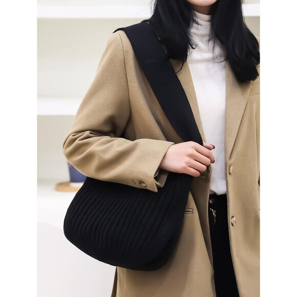 Women's Black Shoulder Handbags Crocheted Bags Large Knit Bag Tote Bag - Picture 8 of 9